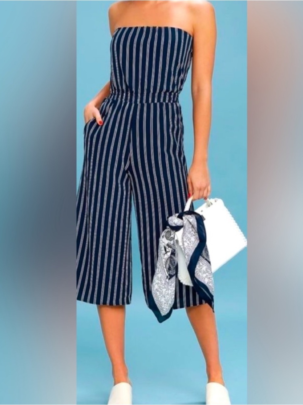 Navy Striped Strapless Wide Leg Jumpsuit Euro Summer Riviera Minimalist Vacation
